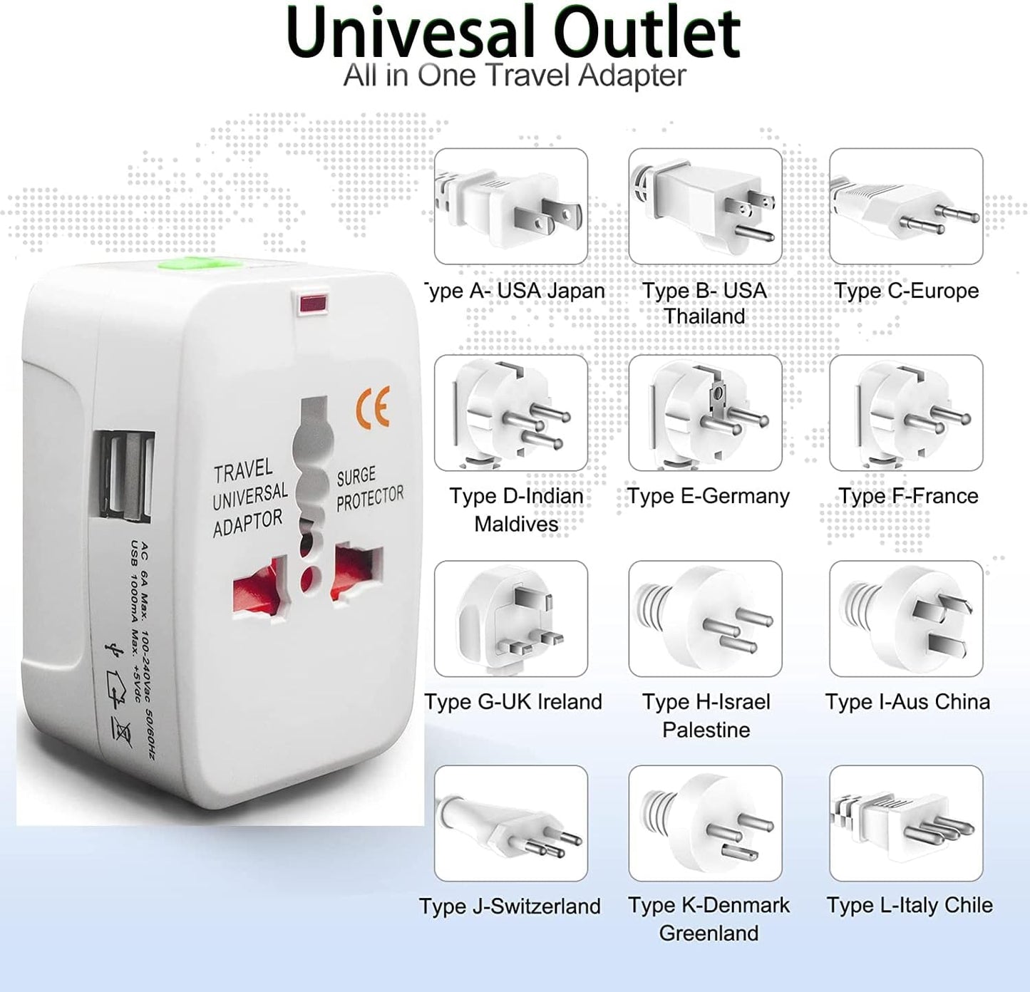 2 Pack Universal Travel Adapter, International Power Adapter with 2 USB Ports, Plug Adapter Travel Adapter Worldwide Universal Charger Power Adapter - for USA, EU, UK, AUS (Double U White 2)